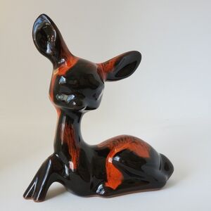 Vintage Drip Glazed Orange Black Deer Figurine Mid Century Canuck Pottery